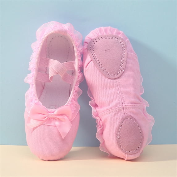 hengsof Girls Frilly Trim Dance Shoes with Delicate Bow, Soft Sole Leather Look Slip On Ballet Slippers, Practice Footwear for Recitals and Gymnastics
