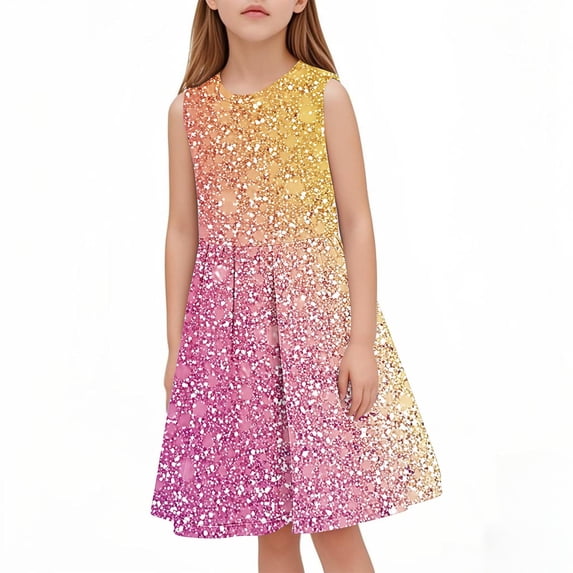 hengsof Girls Glitter Print Sleeveless Party Dress, Fashionable Sequin Round Neck Pleated Waist Dress for Kids 3-14 Years Old