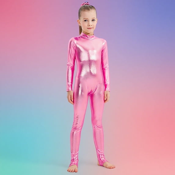 hengsof Girls Glossy Unitards Gymnastics Long Sleeves Full Body Toddler Ballet Leotards for Kids Costumes