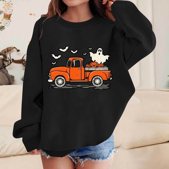 hengsof Girls Halloween Sweatshirt Toddler Kids Long Sleeve Crew Neck Shirt Loose Pullover Sweater Holiday Clothes 1-13Y