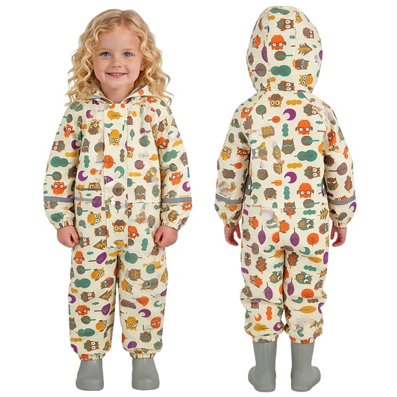 hengsof Girls Hooded Rain Suit Fashion Print Button Waterproof One Piece with Bib Pants Outdoor Anti Stain Coverall for Kids Ages 1-8