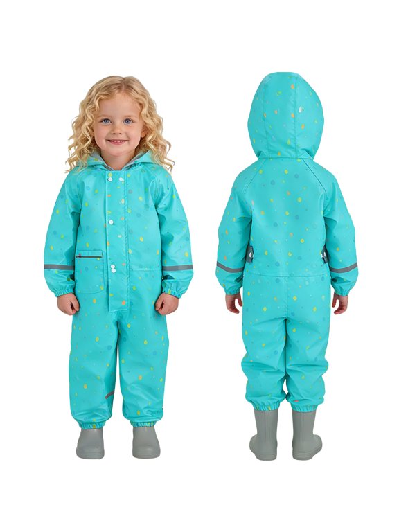 Girls Hooded Rain Suit Fashion Print Button Waterproof One Piece with Bib Pants Outdoor Anti Stain Coverall for Kids Ages 1-8