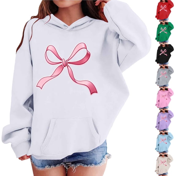 hengsof Girls Hooded Sweatshirt Bow Print Pullovers Long Sleeve Hoodie Kids Crewneck Fall Winter Tops 3-15Y Blouse