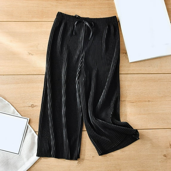 hengsof Girls Ice Silk Wide Leg Nine Point Pants, Summer Fashion Elastic Waist Pleated Comfortable Loose Casual Trousers, Sizes 2-15 Years Old