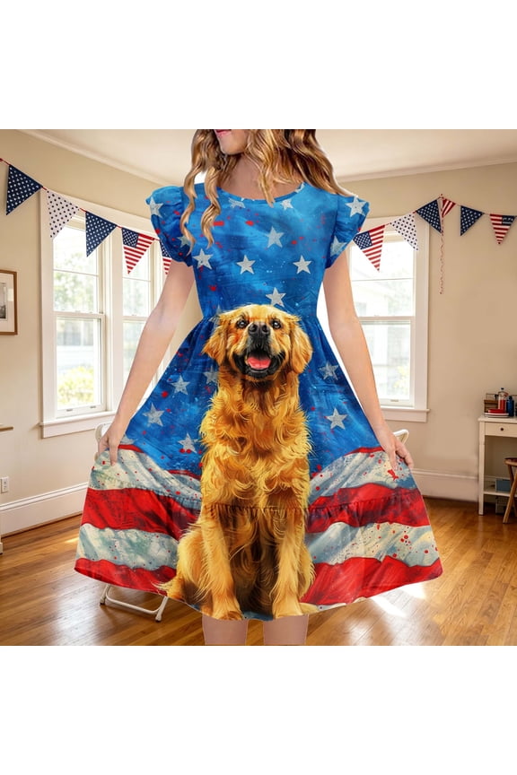 Girls' Independence Day Casual Dress, Summer Fashion Print Cute Ruffled Short Sleeve Round Neck Sundress