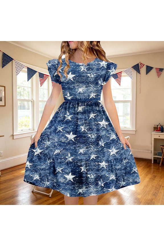 Girls' Independence Day Casual Dress, Summer Fashion Print Cute Ruffled Short Sleeve Round Neck Sundress