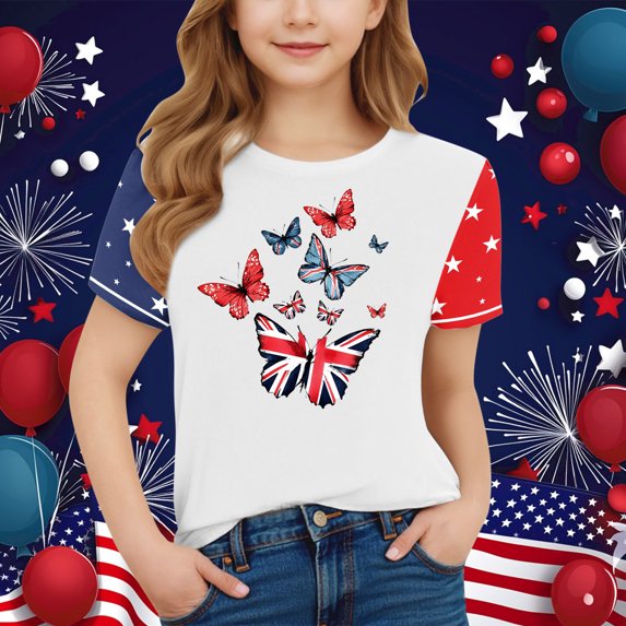 hengsof Girls Independence Day Short Sleeve Casual T-Shirt, Patriotic Holiday Print Fashionable Crew Neck Pullover, Ages 3-15