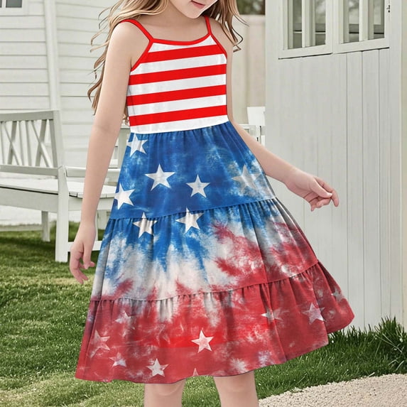 hengsof Girls' Independence Day Sleeveless Dress Cute Summer Casual Sundress Fashionable Printed Comfortable Dress