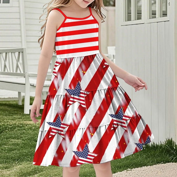 hengsof Girls' Independence Day Sleeveless Dress Cute Summer Casual Sundress Fashionable Printed Comfortable Dress