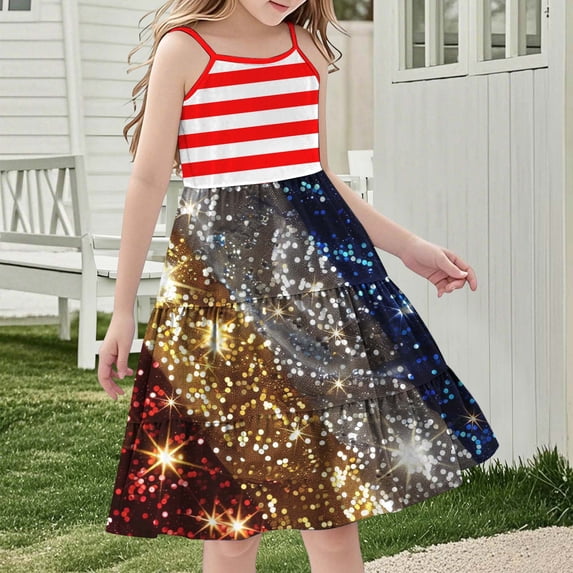 hengsof Girls' Independence Day Sleeveless Dress Cute Summer Casual Sundress Fashionable Printed Comfortable Dress