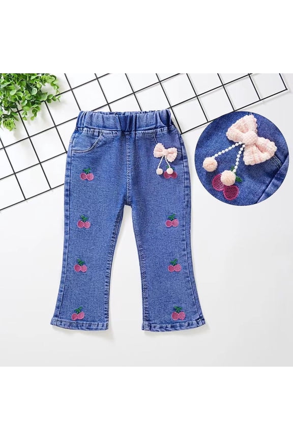 Girls' Jeans with Sweet Floral Print Elastic Waist Stretch Denim Patchwork Design Casual and Stylish Jeans