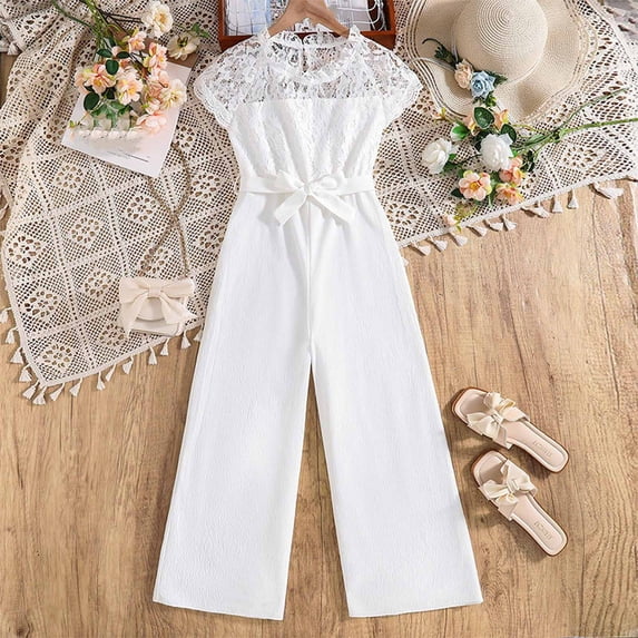 hengsof Girls' Lace Top Jumpsuit, Fashionable Solid Color Elastic Waistband Bow Jumpsuit, Casual Jumpsuit Suitable for Girls Aged 7-13