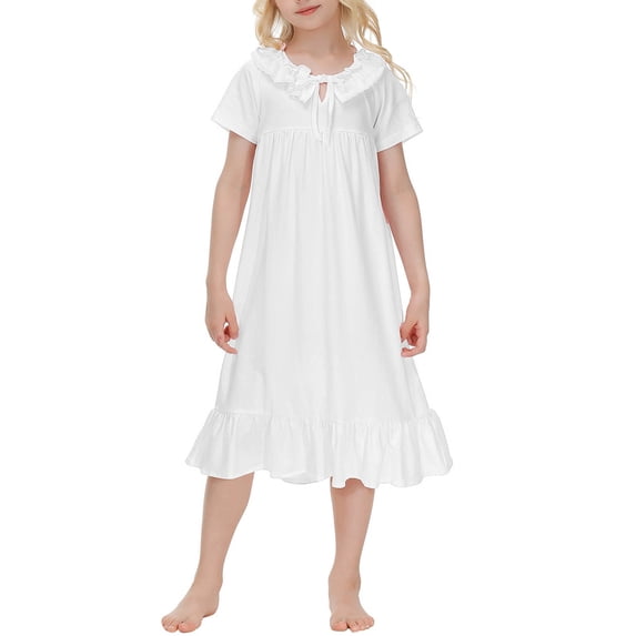 hengsof Girls Lace Trim Princess Dress, Short Sleeve Round Neck Tie Waist Gown, Spring Summer Nightwear or Home Dress 5-14 Years