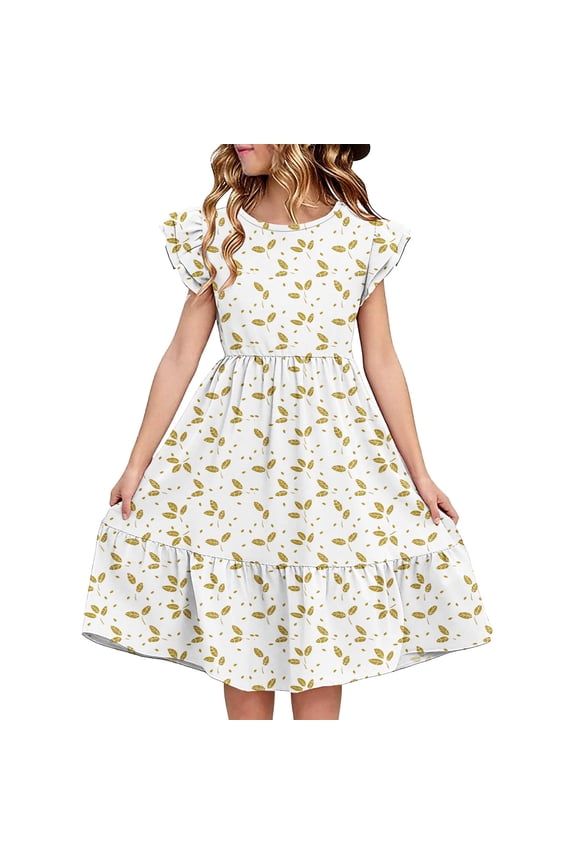 Girls Layered Cute Ruffle Sleeve Summer Dress, Kids Fashion Printed Pattern Waisted Round Neck Sweet Dress, Comfortable Everyday Dress