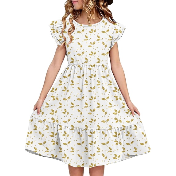 hengsof Girls Layered Cute Ruffle Sleeve Summer Dress, Kids Fashion Printed Pattern Waisted Round Neck Sweet Dress, Comfortable Everyday Dress