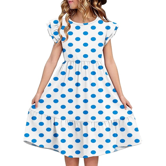 hengsof Girls Layered Cute Ruffle Sleeve Summer Dress, Kids Fashion Printed Pattern Waisted Round Neck Sweet Dress, Comfortable Everyday Dress
