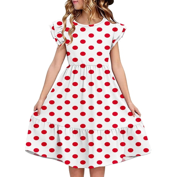 hengsof Girls Layered Cute Ruffle Sleeve Summer Dress, Kids Fashion Printed Pattern Waisted Round Neck Sweet Dress, Comfortable Everyday Dress