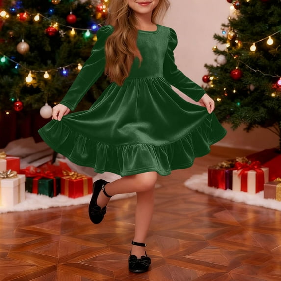 hengsof Girls' Long Sleeve Dress Round Neck Solid Color Sweet Bow Back Princess Dress Cute Ruffles Casual Holiday Party Dress Formal Dress