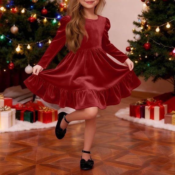 hengsof Girls' Long Sleeve Dress Round Neck Solid Color Sweet Bow Back Princess Dress Cute Ruffles Casual Holiday Party Dress Formal Dress