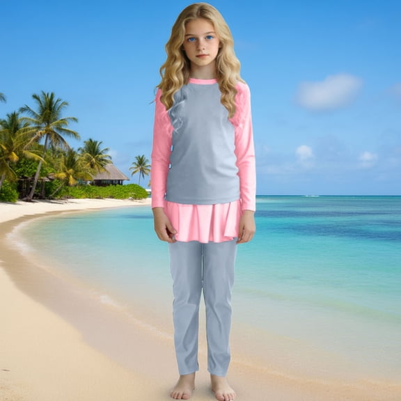 hengsof Girls Long Sleeve Swimsuits Skirt 2 Pieces Rash Guard Set