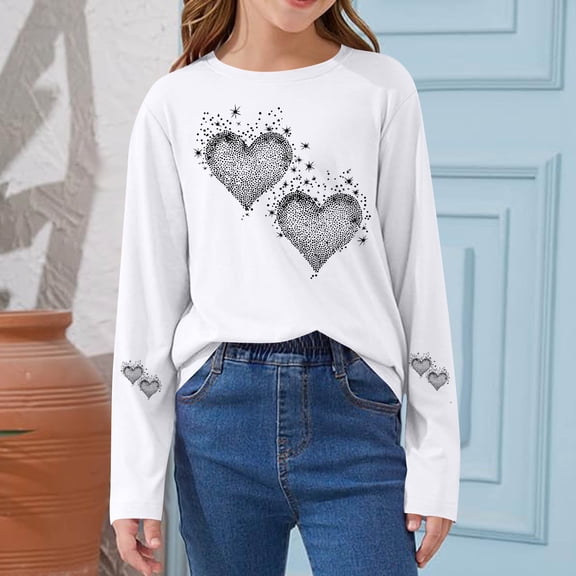 hengsof Girls Medium-Large Long-Sleeved Printed Bottoming Tops Fashionable Love Pattern Shirts Cute Casual Tops 2-14 Years