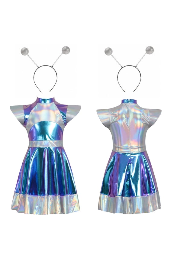 Girls Metallic Holographic Astronaut Costume Dress Iridescent Short Sleeve Party Gown Headpiece Space Theme Outfit Birthday Parties Size 3-11 Years