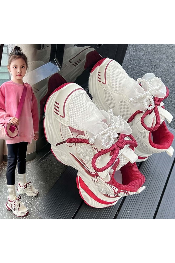 Girls Pearl and Bow Detail Sports Shoes, Lace Up Breathable Sneakers with Embellishments, Cute Casual Athletic Shoes for Active Girls, Flexible Sole