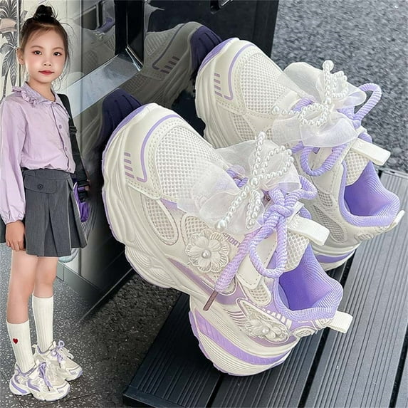 hengsof Girls Pearl and Bow Detail Sports Shoes, Lace Up Breathable Sneakers with Embellishments, Cute Casual Athletic Shoes for Active Girls, Flexible Sole