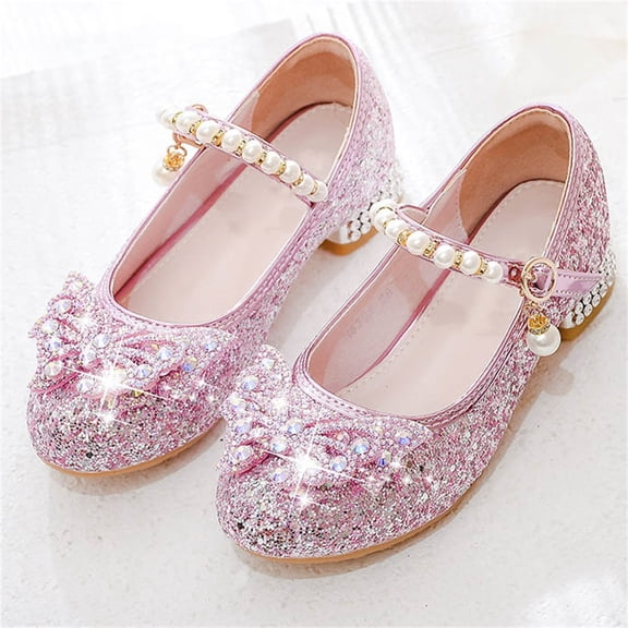 hengsof Girls' Pearl Bow High Heel Casual Shoes Comfortable Versatile Solid Color Stage Crystal Shoes Children's Fashionable Dress Shoes