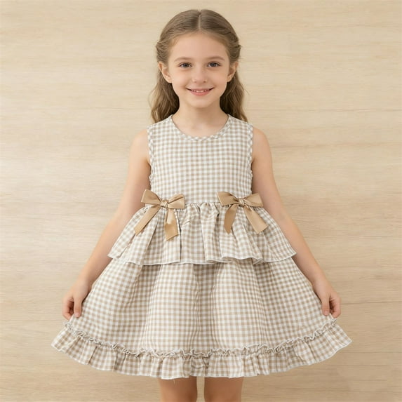 hengsof Girls Pink Check Ruffle Sweet Dress