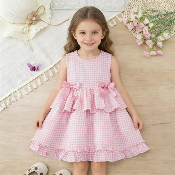 hengsof Girls Pink Check Ruffle Sweet Dress