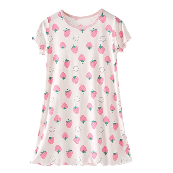 hengsof Girls' Printed Nightgown Soft Summer Short Sleeve Casual Dress Soft Lace Pajamas Cute Comfortable Loungewear Suitable for Ages 4-15