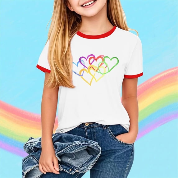 hengsof Girls Rainbow Printed T-Shirt Summer Fashionable Short Sleeve Crew Neck Top Soft Casual Daily Pullover 3-12 Years