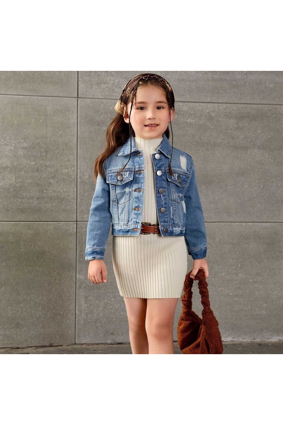 Girls' Retro Basic Distressed Long Sleeve Single Breasted Cropped Denim Jacket Collared Casual Sports Jacket