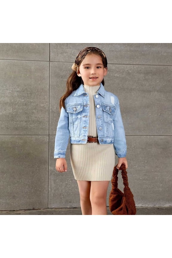 Girls' Retro Basic Distressed Long Sleeve Single Breasted Cropped Denim Jacket Collared Casual Sports Jacket