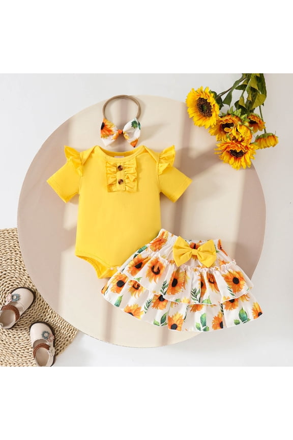Girls' Romper Set Fashionable Short Sleeve Ruffled Sleeve Round Neck Button Romper Fashionable Printed Skirt Two Piece Set Baby Summer Sweet Bow Set