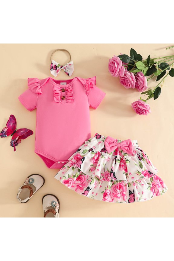 Girls' Romper Set Fashionable Short Sleeve Ruffled Sleeve Round Neck Button Romper Fashionable Printed Skirt Two Piece Set Baby Summer Sweet Bow Set