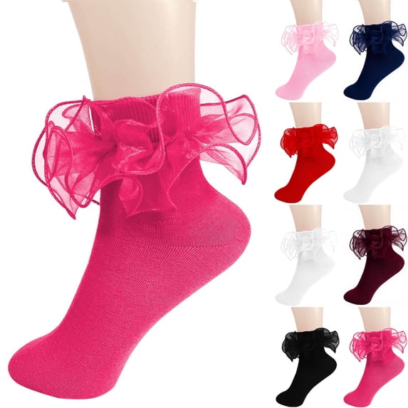 hengsof Girls Ruffle Socks Frilly Double Lace Socks Cute Solid Color Turn Cuff Socks Toddler Pageant Socks for Girls
