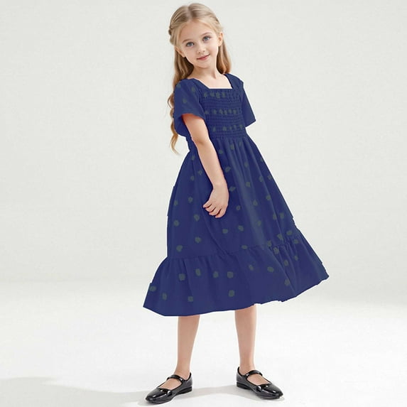 hengsof Girls' Short Sleeve Dress Sweet Ruffle Dress Printed Pleated Dress Children's Concert Dress Square Neck Solid Color Dress