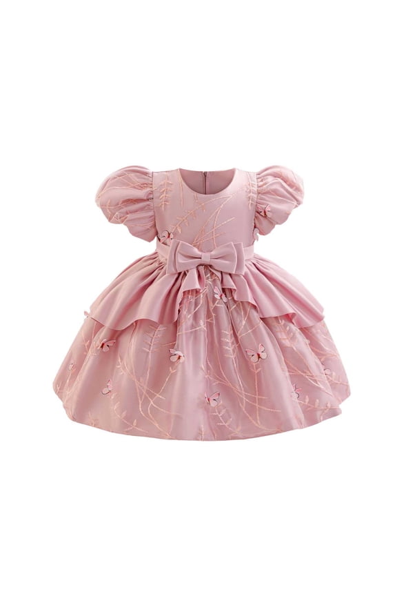 Girls' Short Sleeve Formal Dress, Fashionable Spliced ​​Mesh Back Zipper Dress Princess Dress, Children's Solid Color Sweet Princess Dress