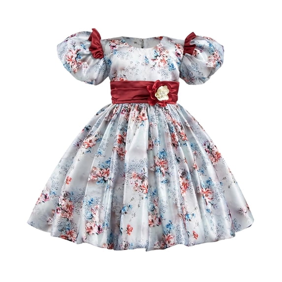hengsof Girls' Short Sleeve Round Neck Formal Dress, Fashionable Floral Print Back Zipper Dress Princess Dress, Children's Layered Sweet Fluffy Princess Dress