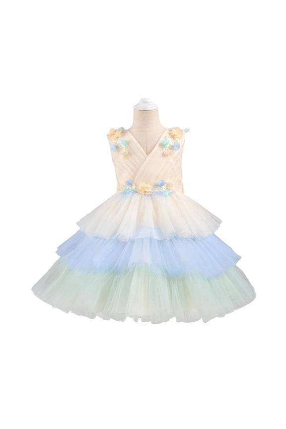 Girls' Short Sleeve Round Neck Formal Dress, Fashionable Spliced ​​Mesh Back Zipper Dress Princess Dress, Children's Layered Sweet Puffy Princess Dress