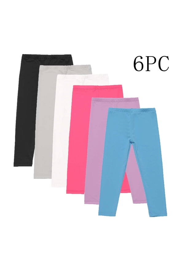 Girls Six Pack Thin Everyday Leggings for 3-12 Years, Soft Stretch Pants, Comfortable Playtime Bottoms Multipack