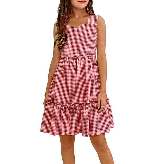 hengsof Girls Sleeveless Dress Fashion Plaid Print Camisole Ruched Waist Princess Dress Spring Summer Casual Dress for Kids Ages 3-13