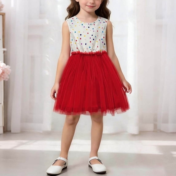 hengsof Girls' Sleeveless Round Neck Mesh Dress Summer Fashion Print Pattern Sweet Cute Vest Dress Casual Party Dress 0-8Y