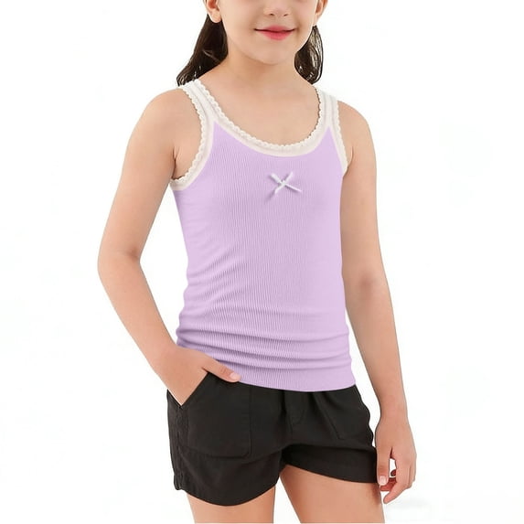 hengsof Girls Solid Color Bow Camisole Summer Sleeveless Thin Casual Basic Top Children's Fashionable Comfortable Camisole