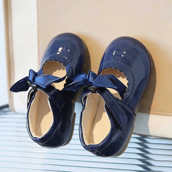 hengsof Girls' Solid Color Bow Tie Outdoor Casual Flat Shoes Children's Soft Sole Fashionable Princess Leather Shoes