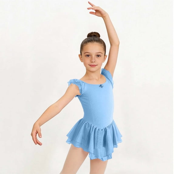 hengsof Girls Solid Color Dance Leotard Sweet Ruffle Sleeve Round Neck Mesh Skirt Ballet Practice Romper 3-15 Years