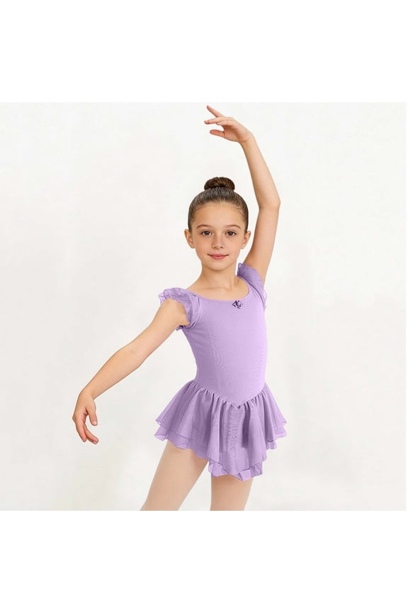 Girls Solid Color Dance Leotard Sweet Ruffle Sleeve Round Neck Mesh Skirt Ballet Practice Romper 3-15 Years
