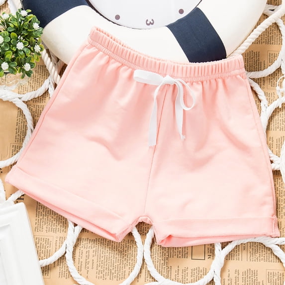 hengsof Girls Solid Color Drawstring Elastic Waist Casual Shorts, Comfortable Cute Casual Home Shorts, Sizes 6M-8 Years Old
